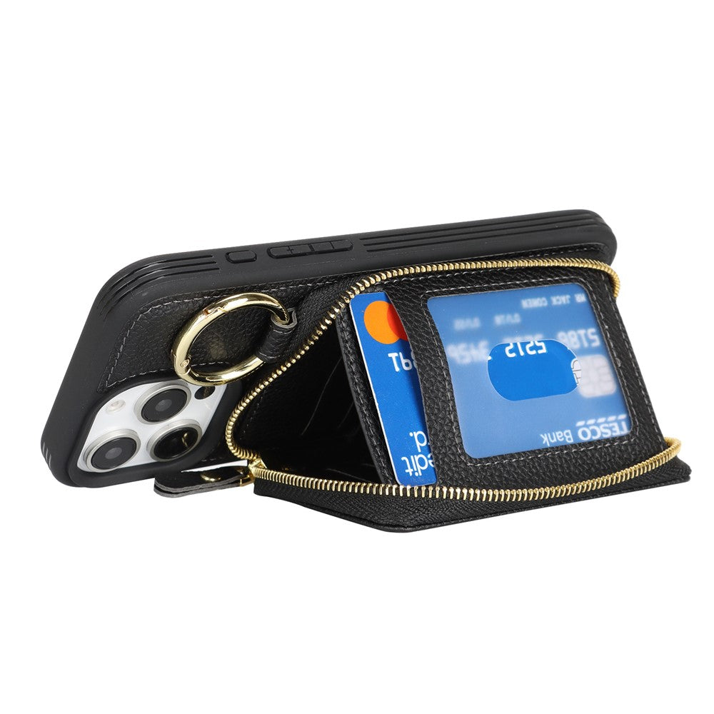 For iPhone 16 Pro Max Zipper Wallet Case Litchi Texture Leather Back Phone Cover with Metal Ring Holder
