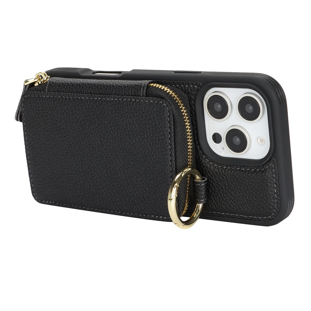 For iPhone 16 Pro Max Zipper Wallet Case Litchi Texture Leather Back Phone Cover with Metal Ring Holder