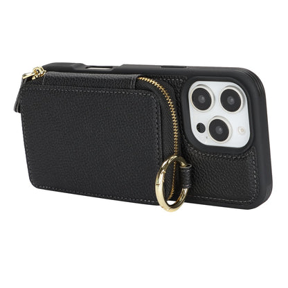 For iPhone 16 Pro Max Zipper Wallet Case Litchi Texture Leather Back Phone Cover with Metal Ring Holder