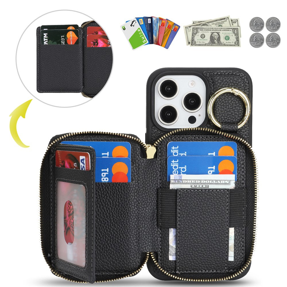 For iPhone 16 Pro Max Zipper Wallet Case Litchi Texture Leather Back Phone Cover with Metal Ring Holder