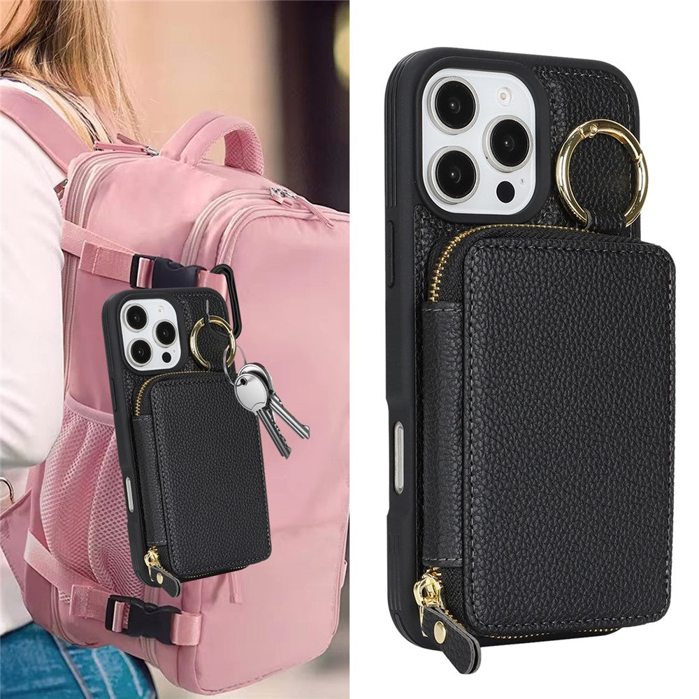 For iPhone 16 Pro Max Zipper Wallet Case Litchi Texture Leather Back Phone Cover with Metal Ring Holder