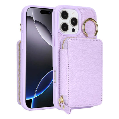 For iPhone 16 Pro Max Zipper Wallet Case Litchi Texture Leather Back Phone Cover with Metal Ring Holder