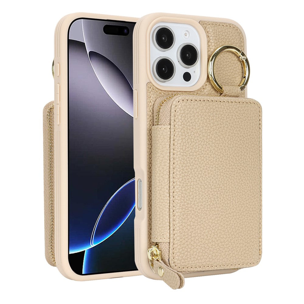 For iPhone 16 Pro Max Zipper Wallet Case Litchi Texture Leather Back Phone Cover with Metal Ring Holder