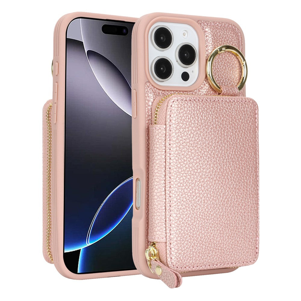 For iPhone 16 Pro Max Zipper Wallet Case Litchi Texture Leather Back Phone Cover with Metal Ring Holder