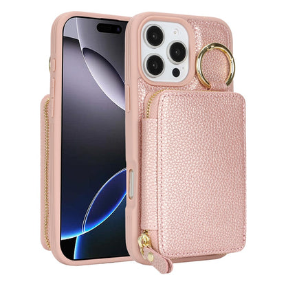 For iPhone 16 Pro Max Zipper Wallet Case Litchi Texture Leather Back Phone Cover with Metal Ring Holder