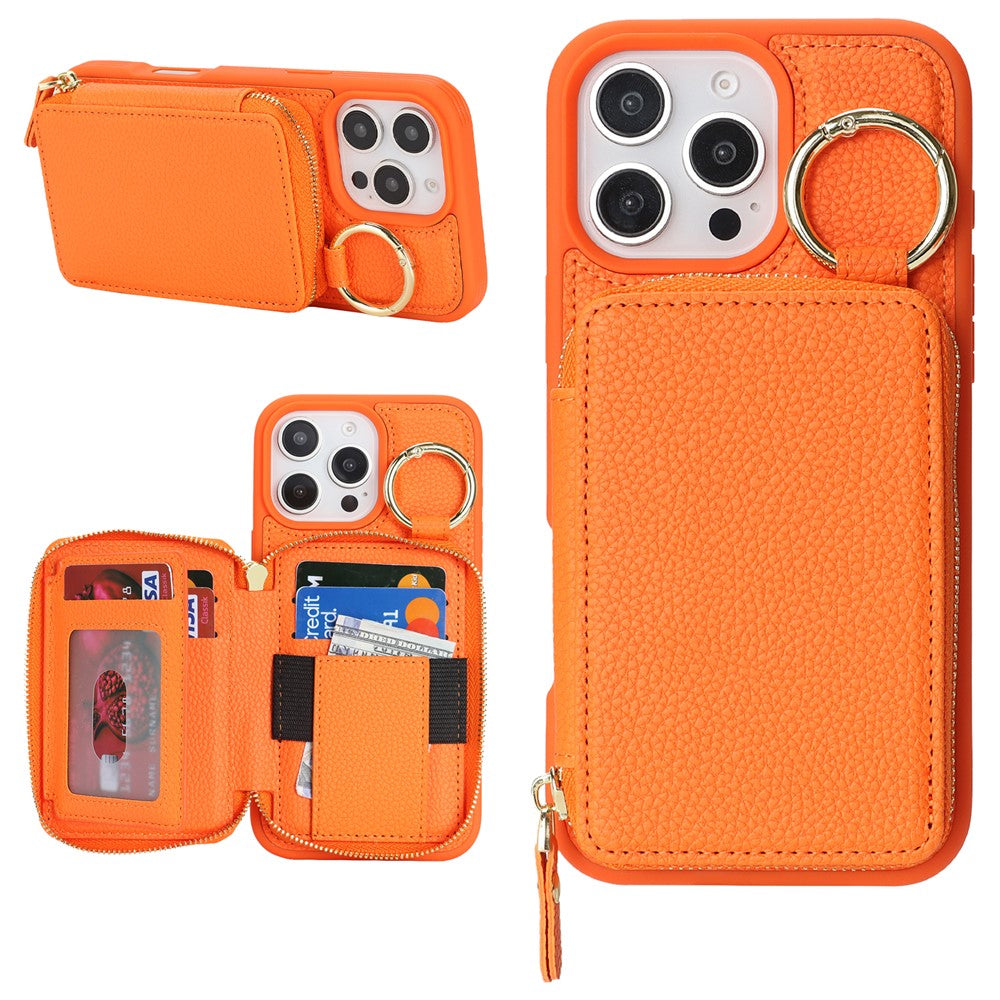 For iPhone 16 Pro Max Zipper Wallet Case Litchi Texture Leather Back Phone Cover with Metal Ring Holder