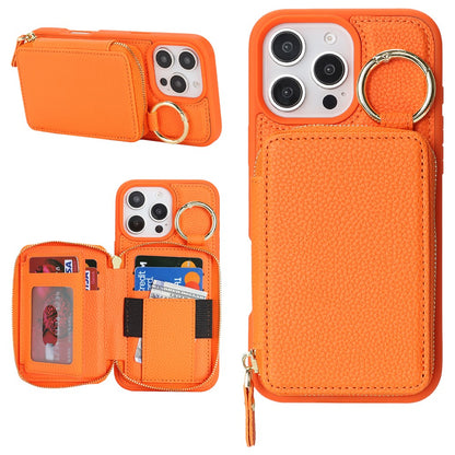 For iPhone 16 Pro Max Zipper Wallet Case Litchi Texture Leather Back Phone Cover with Metal Ring Holder