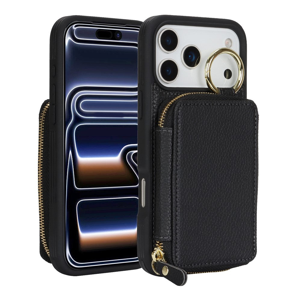 For iPhone 17 Pro Zipper Wallet Case Litchi Texture Leather Back Phone Cover with Metal Ring Holder