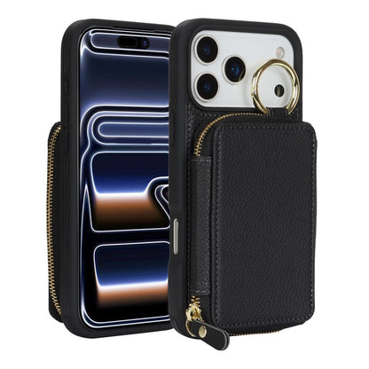 For iPhone 17 Pro Zipper Wallet Case Litchi Texture Leather Back Phone Cover with Metal Ring Holder