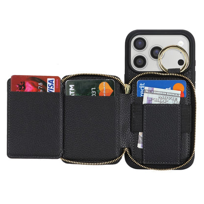 For iPhone 17 Pro Zipper Wallet Case Litchi Texture Leather Back Phone Cover with Metal Ring Holder