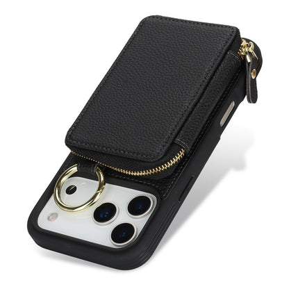 For iPhone 17 Pro Zipper Wallet Case Litchi Texture Leather Back Phone Cover with Metal Ring Holder