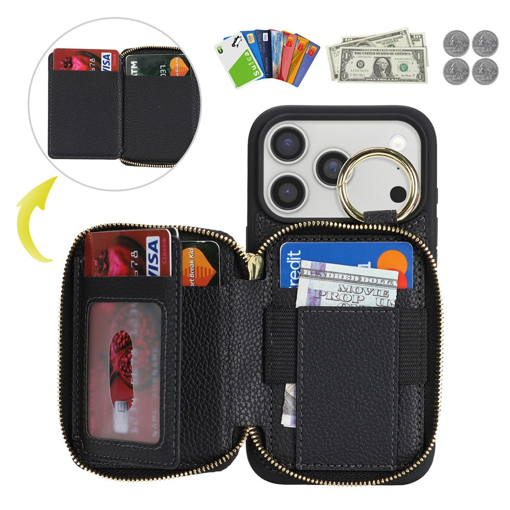 For iPhone 17 Pro Zipper Wallet Case Litchi Texture Leather Back Phone Cover with Metal Ring Holder