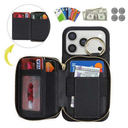 For iPhone 17 Pro Zipper Wallet Case Litchi Texture Leather Back Phone Cover with Metal Ring Holder