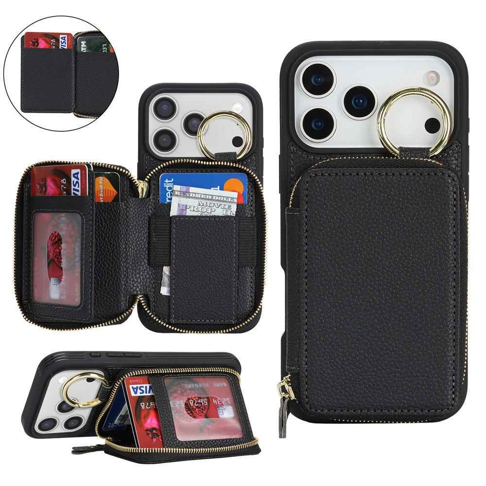 For iPhone 17 Pro Zipper Wallet Case Litchi Texture Leather Back Phone Cover with Metal Ring Holder