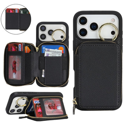 For iPhone 17 Pro Zipper Wallet Case Litchi Texture Leather Back Phone Cover with Metal Ring Holder