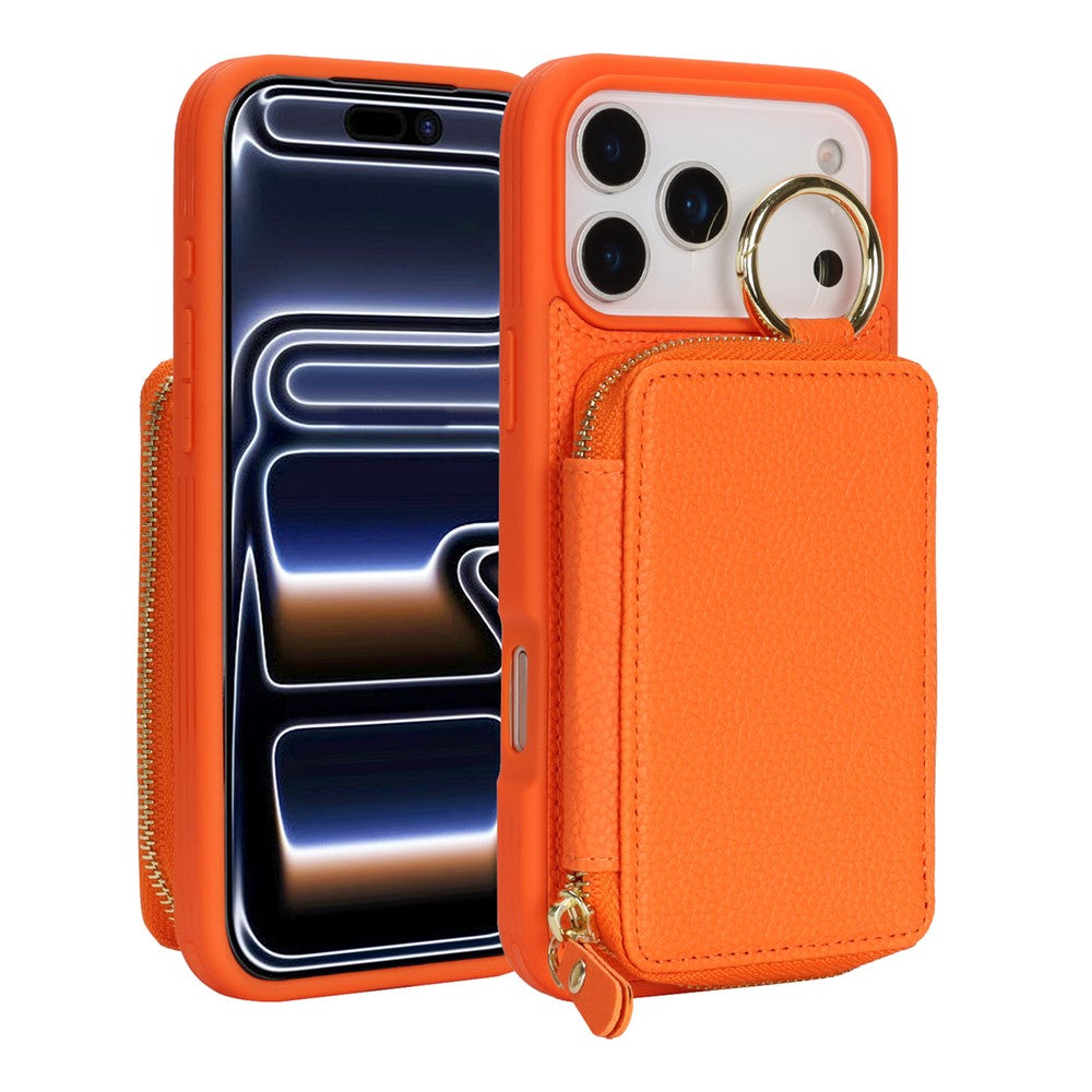 For iPhone 17 Pro Zipper Wallet Case Litchi Texture Leather Back Phone Cover with Metal Ring Holder