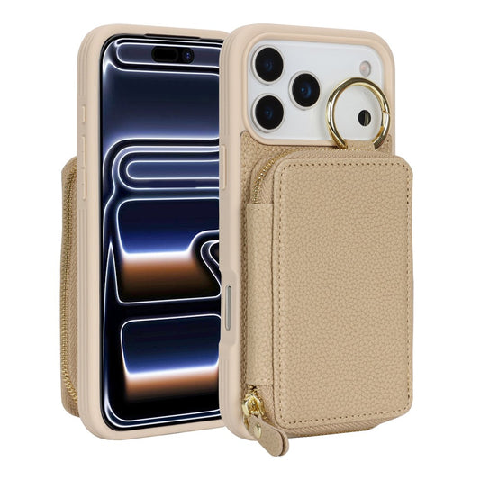 For iPhone 17 Pro Zipper Wallet Case Litchi Texture Leather Back Phone Cover with Metal Ring Holder
