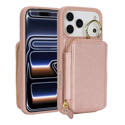 For iPhone 17 Pro Zipper Wallet Case Litchi Texture Leather Back Phone Cover with Metal Ring Holder