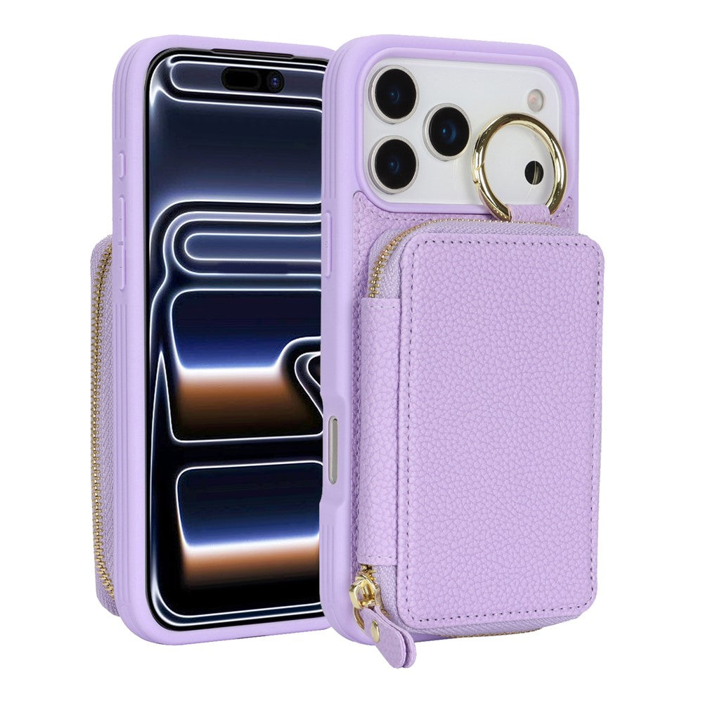 For iPhone 17 Pro Zipper Wallet Case Litchi Texture Leather Back Phone Cover with Metal Ring Holder