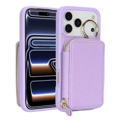 For iPhone 17 Pro Zipper Wallet Case Litchi Texture Leather Back Phone Cover with Metal Ring Holder