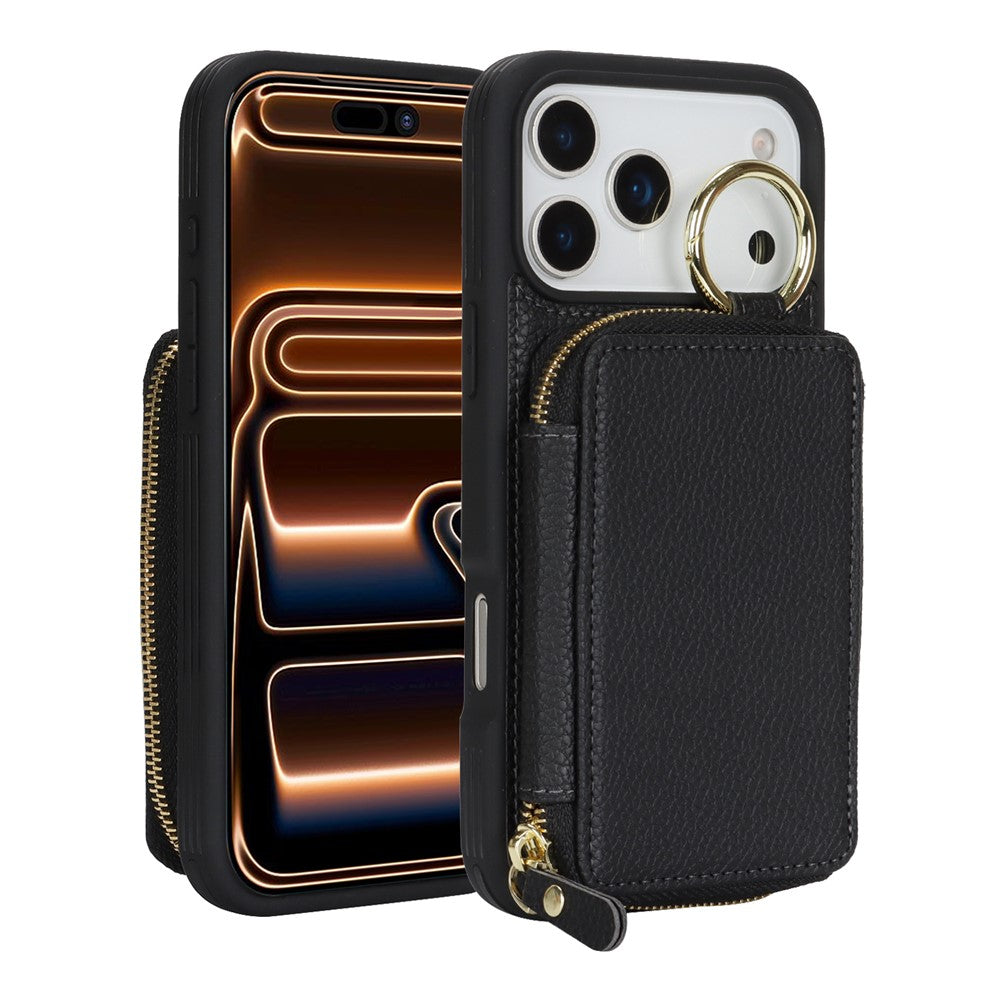 For iPhone 17 Pro Max Zipper Wallet Case Litchi Texture Leather Back Phone Cover with Metal Ring Holder