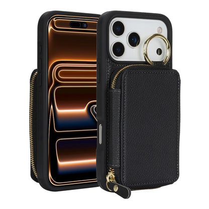 For iPhone 17 Pro Max Zipper Wallet Case Litchi Texture Leather Back Phone Cover with Metal Ring Holder