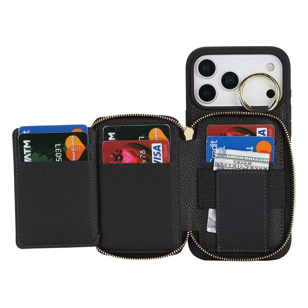 For iPhone 17 Pro Max Zipper Wallet Case Litchi Texture Leather Back Phone Cover with Metal Ring Holder