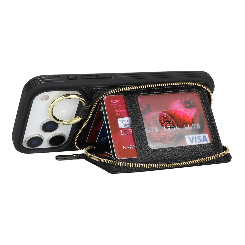 For iPhone 17 Pro Max Zipper Wallet Case Litchi Texture Leather Back Phone Cover with Metal Ring Holder