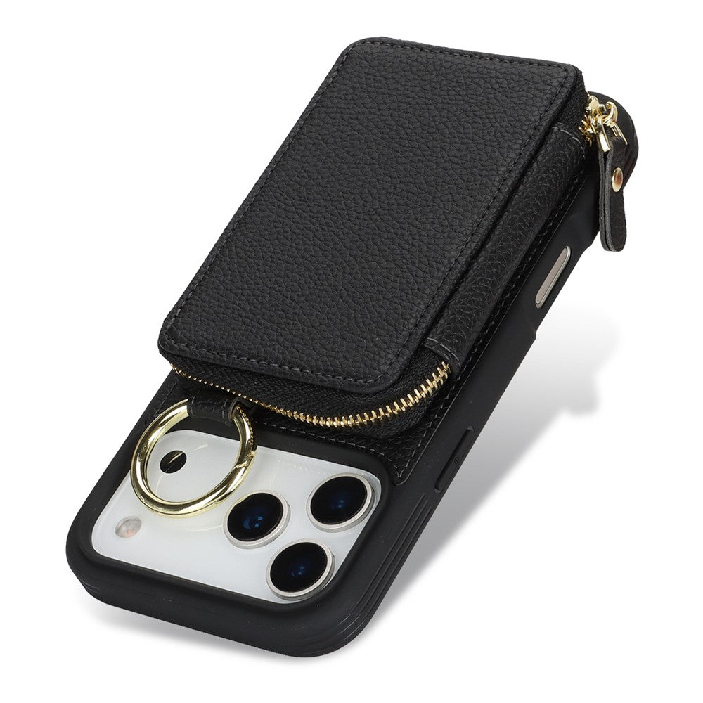 For iPhone 17 Pro Max Zipper Wallet Case Litchi Texture Leather Back Phone Cover with Metal Ring Holder