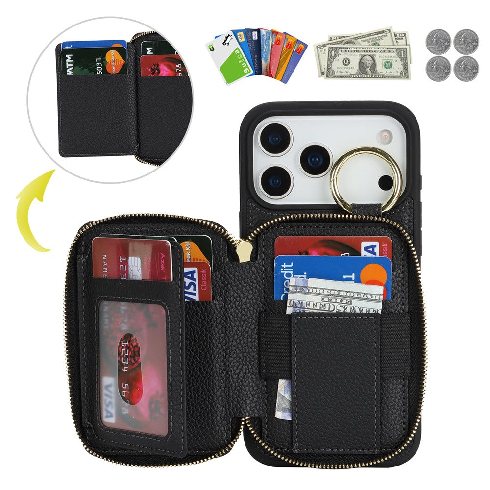 For iPhone 17 Pro Max Zipper Wallet Case Litchi Texture Leather Back Phone Cover with Metal Ring Holder