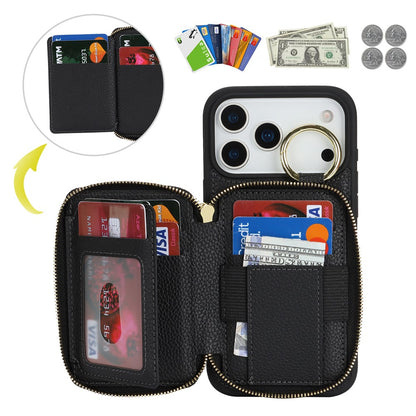 For iPhone 17 Pro Max Zipper Wallet Case Litchi Texture Leather Back Phone Cover with Metal Ring Holder