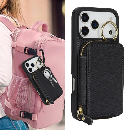 For iPhone 17 Pro Max Zipper Wallet Case Litchi Texture Leather Back Phone Cover with Metal Ring Holder
