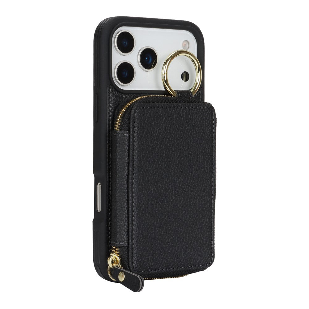 For iPhone 17 Pro Max Zipper Wallet Case Litchi Texture Leather Back Phone Cover with Metal Ring Holder