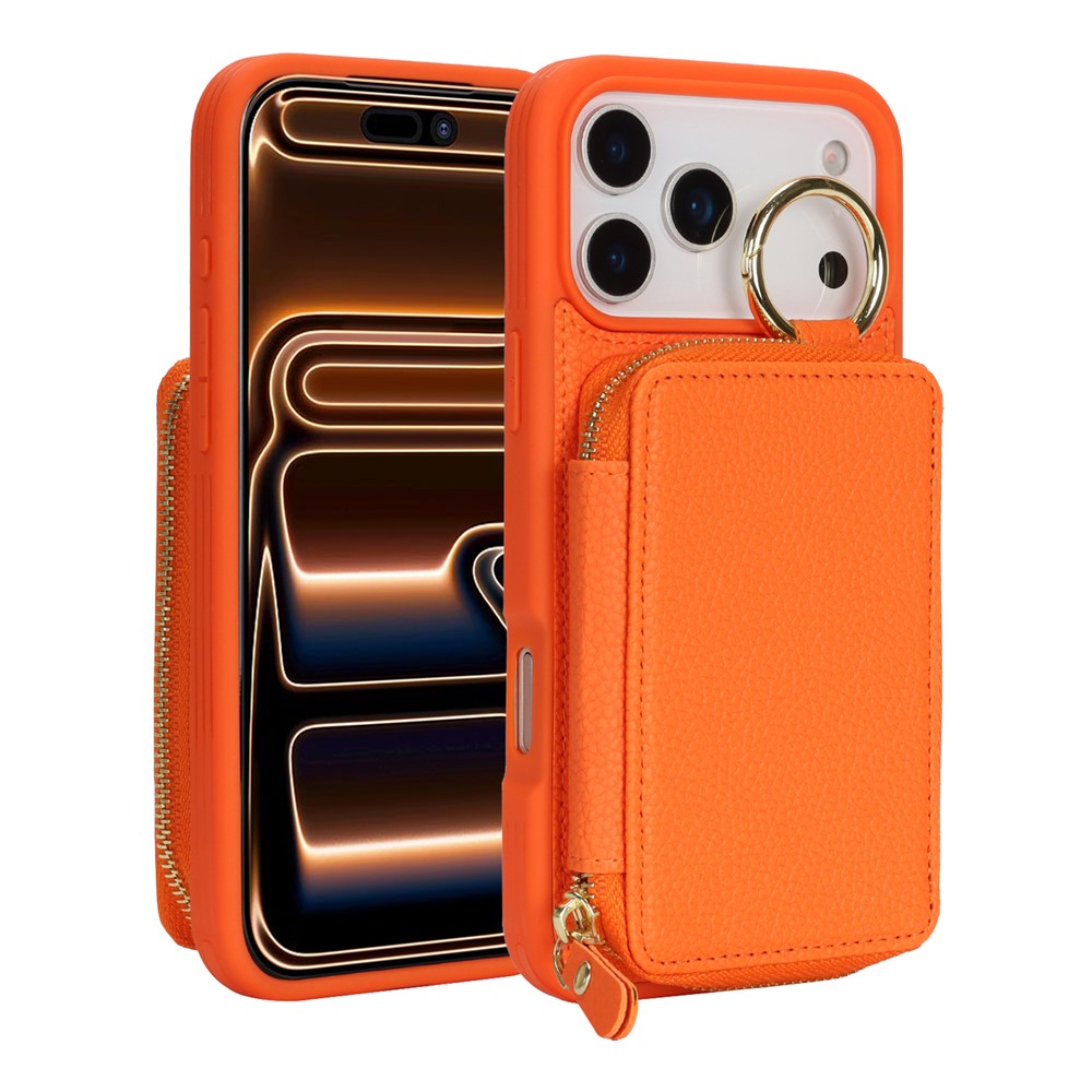 For iPhone 17 Pro Max Zipper Wallet Case Litchi Texture Leather Back Phone Cover with Metal Ring Holder