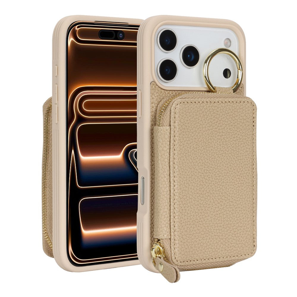 For iPhone 17 Pro Max Zipper Wallet Case Litchi Texture Leather Back Phone Cover with Metal Ring Holder