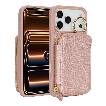 For iPhone 17 Pro Max Zipper Wallet Case Litchi Texture Leather Back Phone Cover with Metal Ring Holder