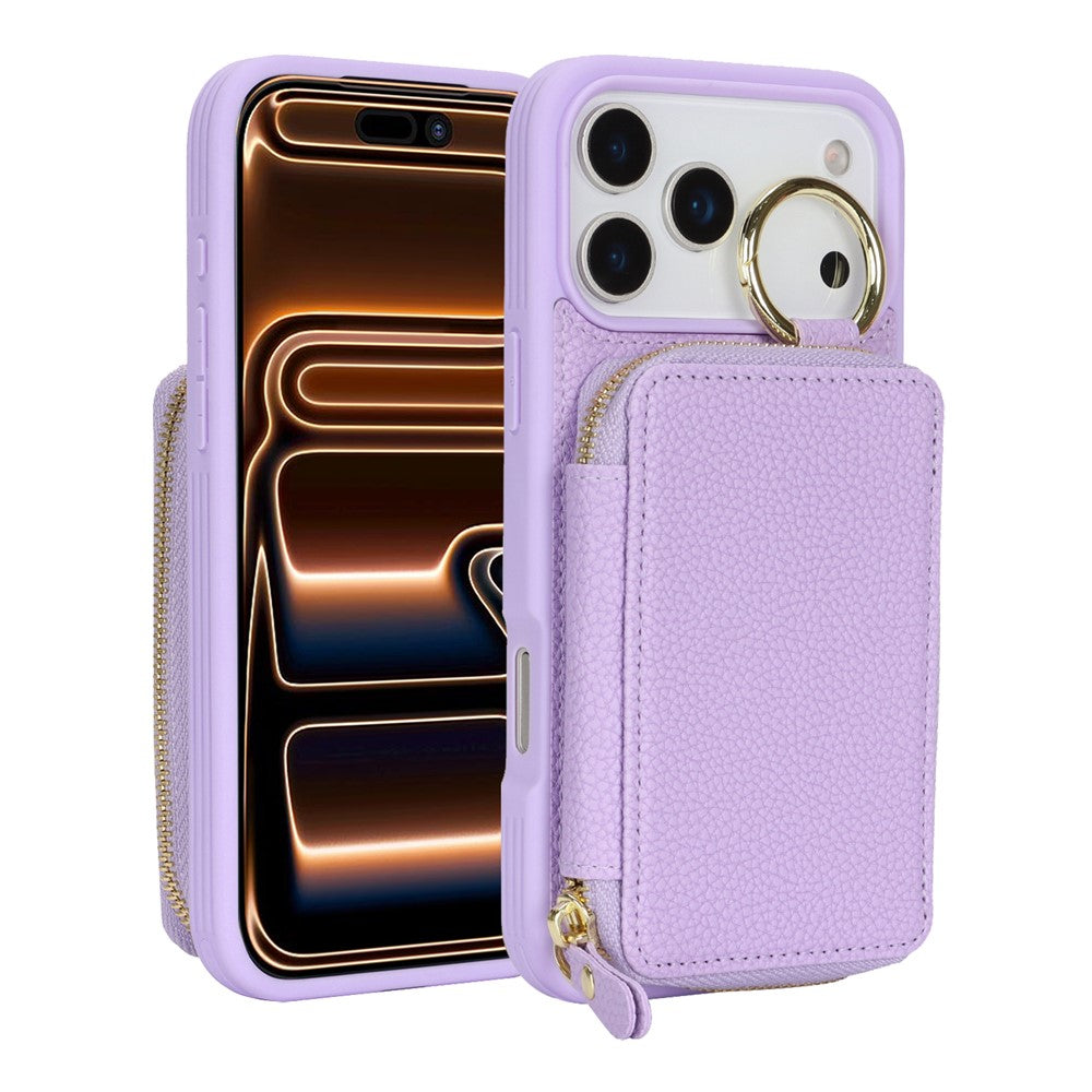 For iPhone 17 Pro Max Zipper Wallet Case Litchi Texture Leather Back Phone Cover with Metal Ring Holder