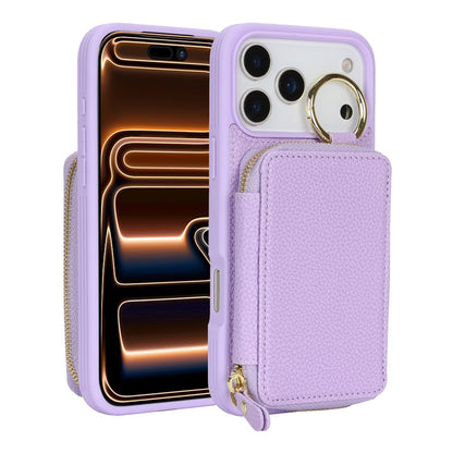 For iPhone 17 Pro Max Zipper Wallet Case Litchi Texture Leather Back Phone Cover with Metal Ring Holder