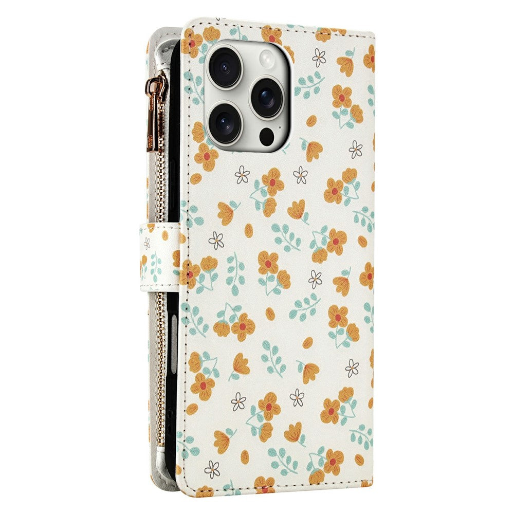 For iPhone 16 Pro Max Leather Case with Wrist Strap   /   Shoulder Strap Rhombic Floral Pattern Zipper Wallet Phone Cover