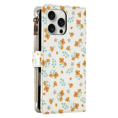 For iPhone 16 Pro Max Leather Case with Wrist Strap   /   Shoulder Strap Rhombic Floral Pattern Zipper Wallet Phone Cover