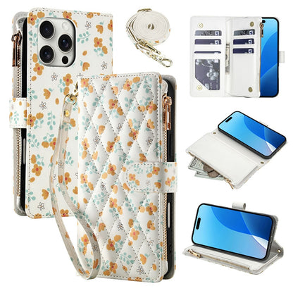 For iPhone 16 Pro Max Leather Case with Wrist Strap   /   Shoulder Strap Rhombic Floral Pattern Zipper Wallet Phone Cover