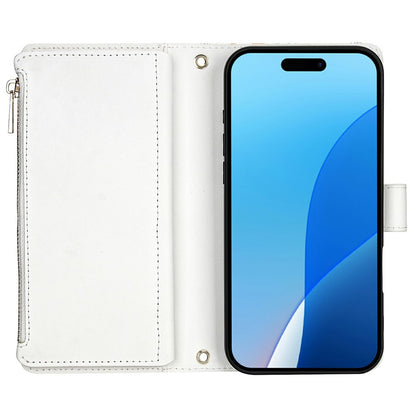 For iPhone 16 Pro Max Leather Case with Wrist Strap   /   Shoulder Strap Rhombic Floral Pattern Zipper Wallet Phone Cover