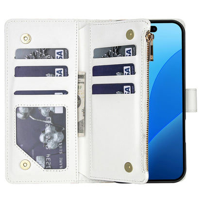 For iPhone 16 Pro Max Leather Case with Wrist Strap   /   Shoulder Strap Rhombic Floral Pattern Zipper Wallet Phone Cover