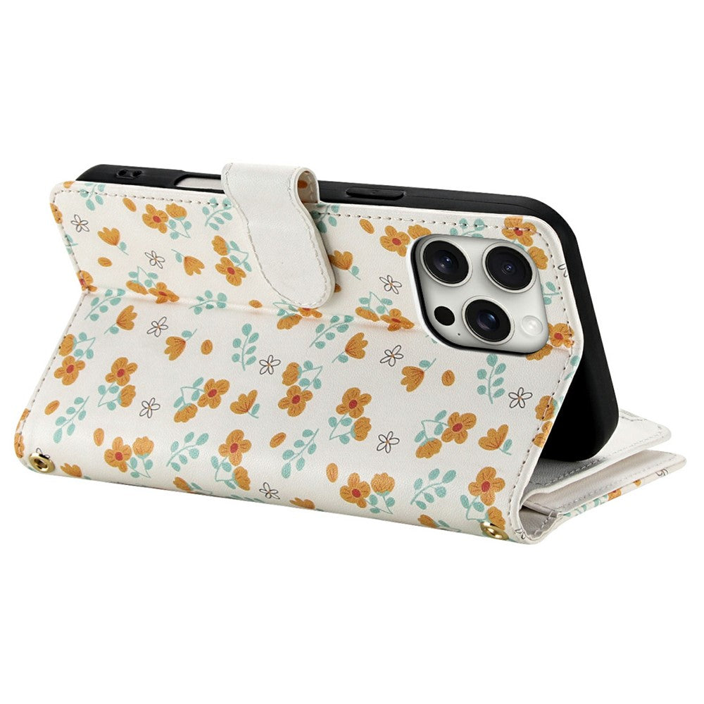 For iPhone 16 Pro Max Leather Case with Wrist Strap   /   Shoulder Strap Rhombic Floral Pattern Zipper Wallet Phone Cover