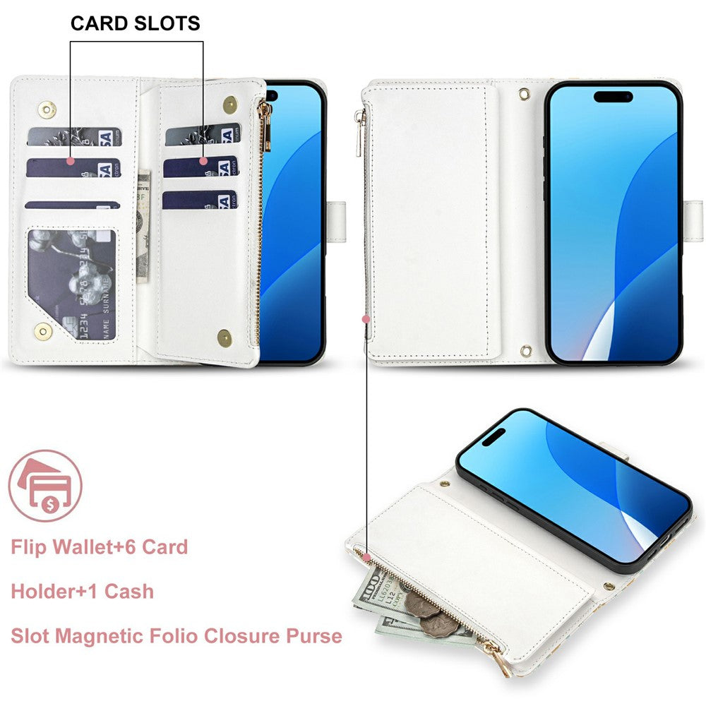 For iPhone 16 Pro Max Leather Case with Wrist Strap   /   Shoulder Strap Rhombic Floral Pattern Zipper Wallet Phone Cover