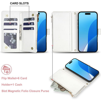 For iPhone 16 Pro Max Leather Case with Wrist Strap   /   Shoulder Strap Rhombic Floral Pattern Zipper Wallet Phone Cover