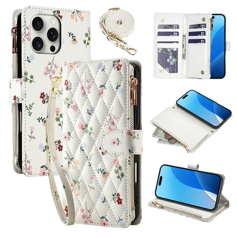 For iPhone 16 Pro Max Leather Case with Wrist Strap   /   Shoulder Strap Rhombic Floral Pattern Zipper Wallet Phone Cover