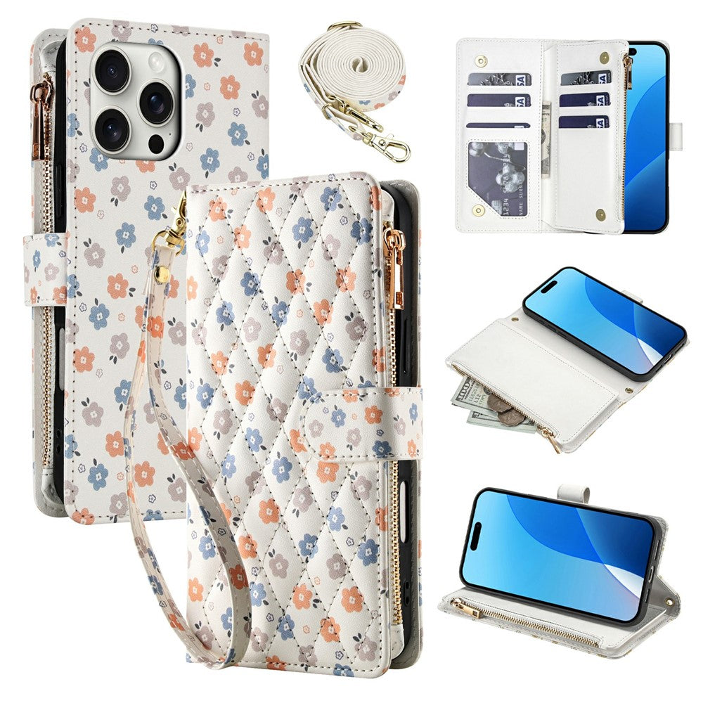 For iPhone 16 Pro Max Leather Case with Wrist Strap   /   Shoulder Strap Rhombic Floral Pattern Zipper Wallet Phone Cover