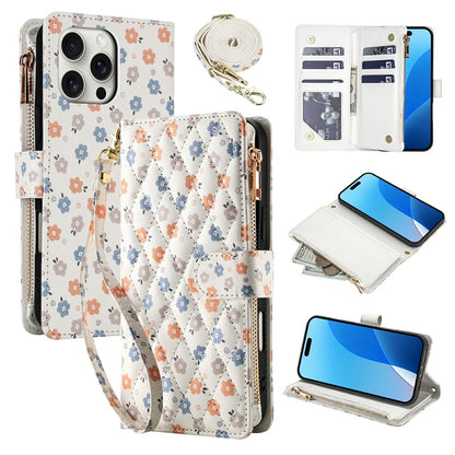 For iPhone 16 Pro Max Leather Case with Wrist Strap   /   Shoulder Strap Rhombic Floral Pattern Zipper Wallet Phone Cover