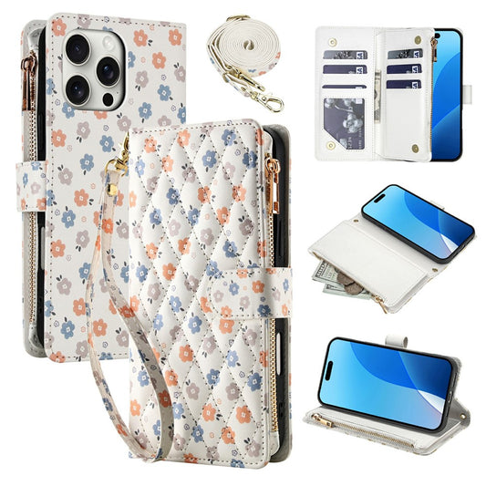 For iPhone 16 Pro Max Leather Case with Wrist Strap   /   Shoulder Strap Rhombic Floral Pattern Zipper Wallet Phone Cover